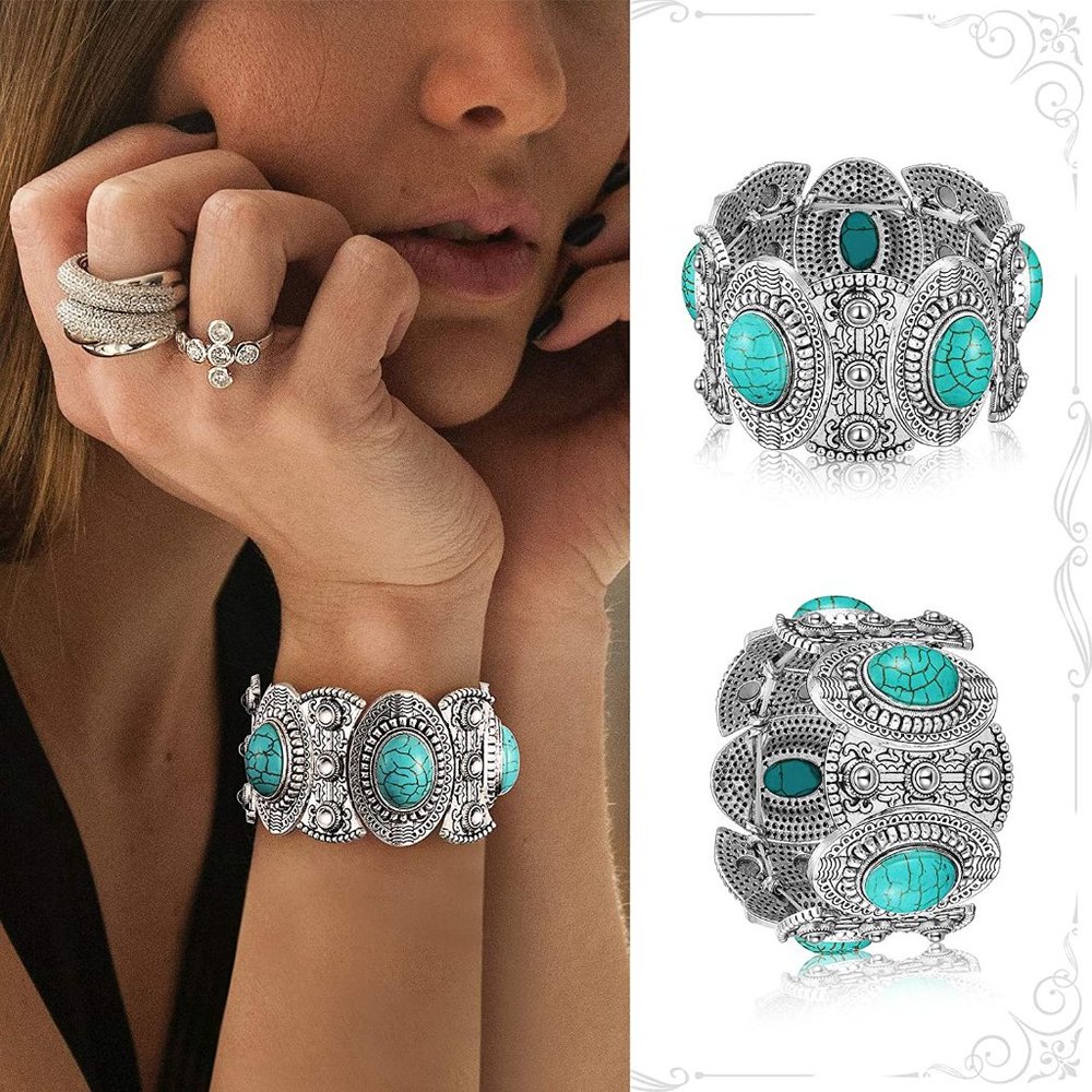 New 3 Pieces Bohemian Turquoise Jewelry Set Women Western Jewelry Set Turquoise - Picture 3 of 9